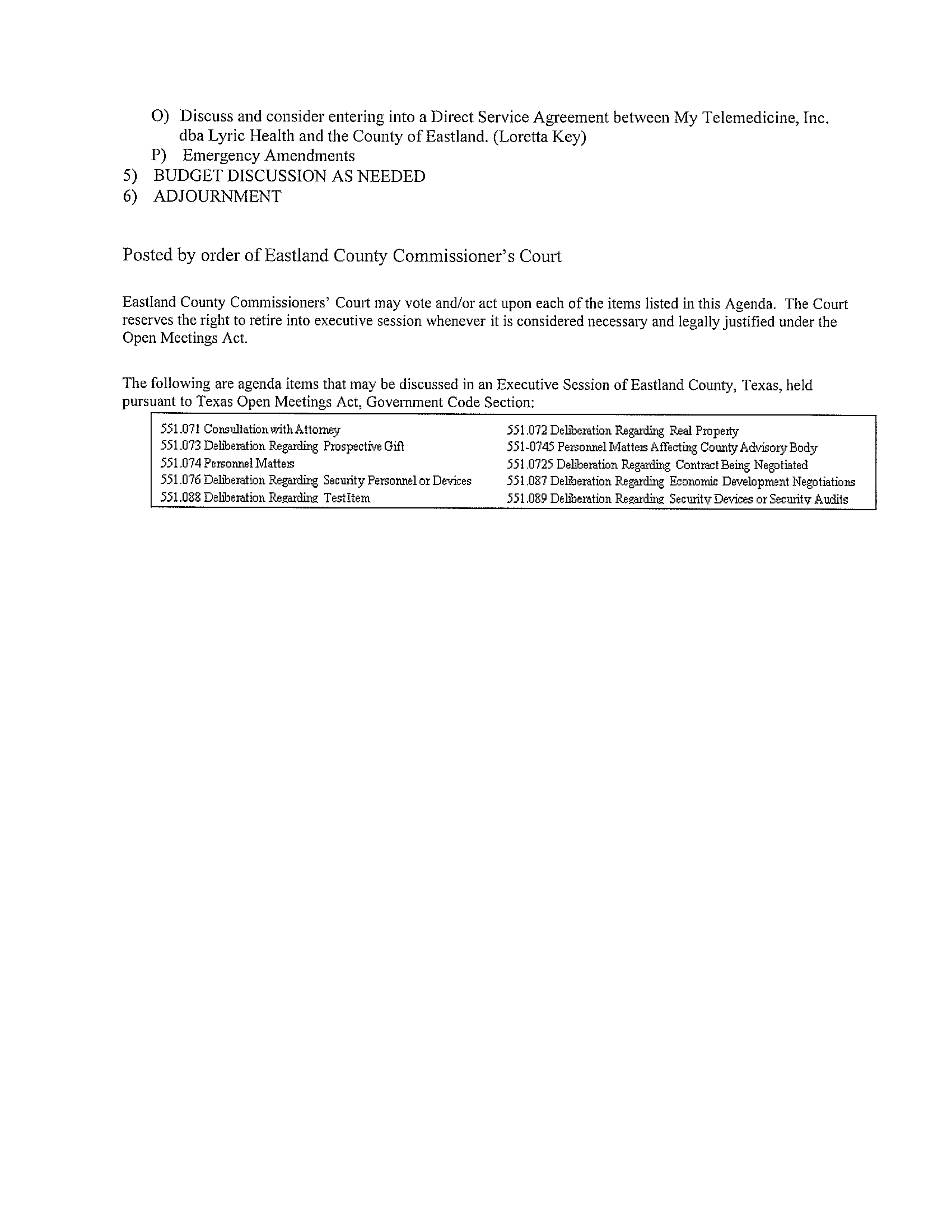 EASTLAND COUNTY COMMISSIONERS MEETING AMENDED AGENDA and LIVE STREAM 08-14-23